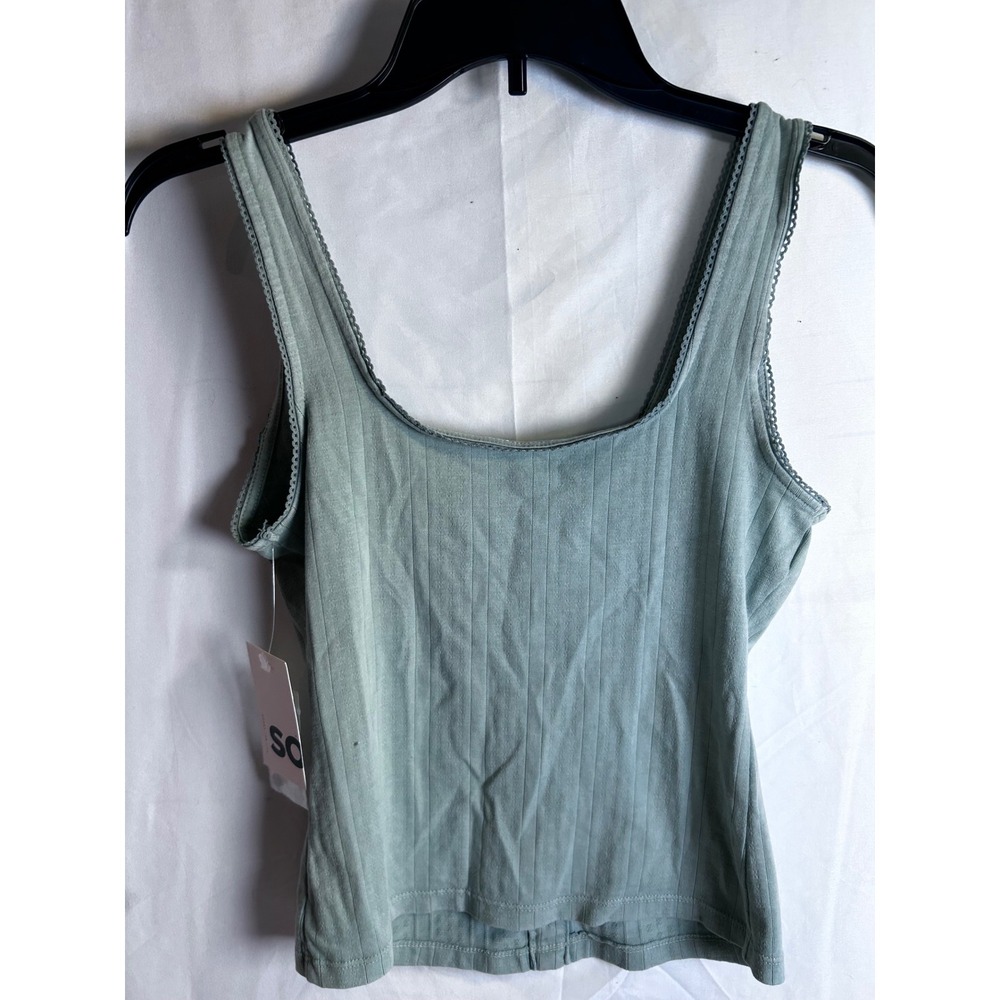 SO Ribbed Henley Tank Top Size S Green Lace Trim Button Front Womens - Picture 2 of 7